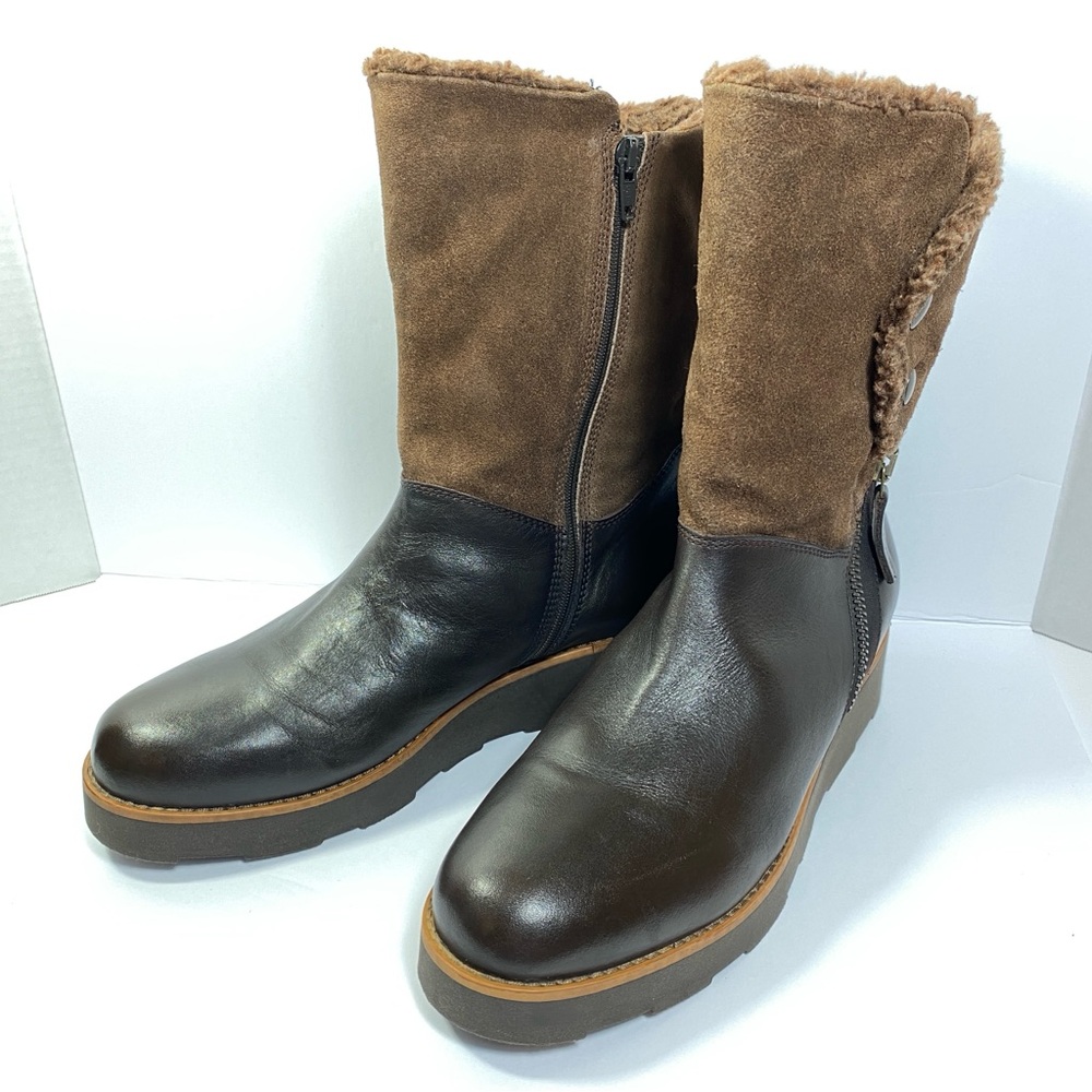 Clarks Okemo Sienna Ankle Boots Brown Leather/Suede Wedge Platform Women’s Sz 10